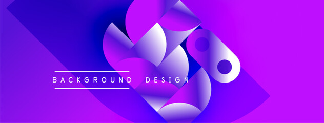 Abstract purple design features flowing shapes, gradients. Text reads background design. Modern, vibrant visual composition.