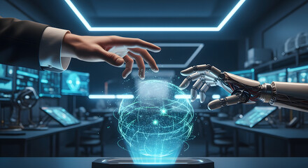 A man working on a laptop uses advanced medical technology and laboratory equipment to conduct scientific research within a blue industrial factory setting