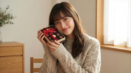 バレンタインデーのチョコを大事に持つ若い女性