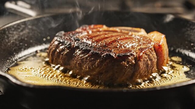 Close-up of a sizzling, seasoned ribeye steak cooking in a cast iron skillet with hot oil and steam rising.