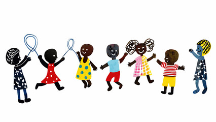 A colorful illustration of diverse children holding hands and playing with jump ropes in a fun and lively scene
