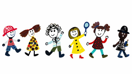 Fototapeta premium A colorful illustration of diverse children walking together in a playful and vibrant scene