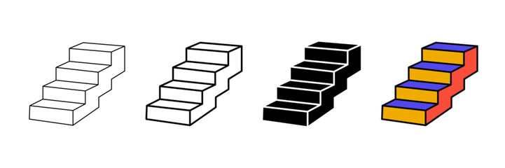 Set of minimalist stairs icons with transparent background, depicting concepts of ascent, progress, levels, and growth for web designs, user interfaces, vector illustration