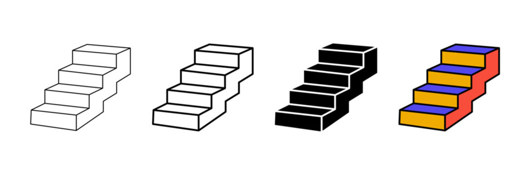 Set of minimalist stairs icons with transparent background, depicting concepts of ascent, progress, levels, and growth for web designs, user interfaces, vector illustration