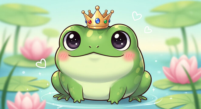 king frog in the water and cartoon background