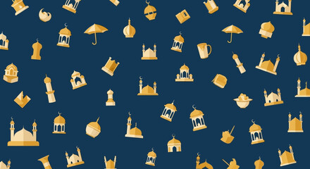 Seamless pattern of golden Islamic religious and cultural symbols on a dark blue background, featuring mosques, lanterns, and traditional elements.