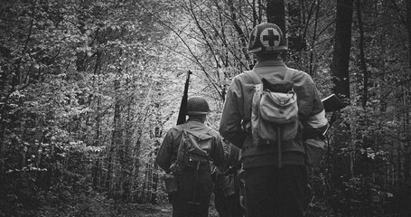 Black and White Soldiers in Forest Pathway