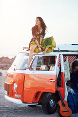Beach, road trip and woman on van, thinking and calm on vehicle, remember and relax summer vacation. Outdoor, travel and person on transport for holiday, reflection and memory in nature or ocean