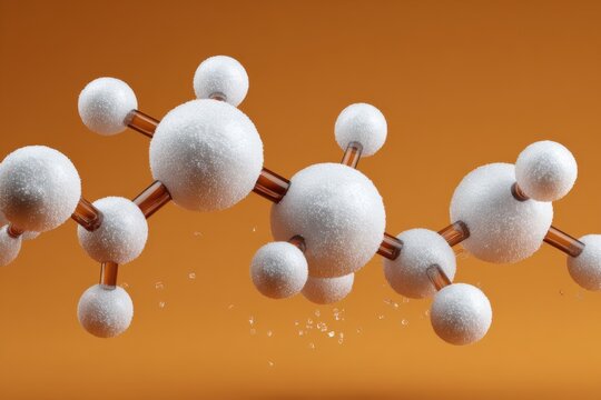 Realistic representation of mannose sugar molecule against an orange background highlighting its structure and components