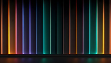 Symmetrical neon columns in various colors arranged along dark wall with subtle floor reflections providing clean minimalist interior design for modern technology room