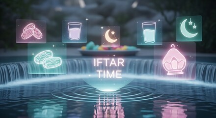 Glowing iftar time icons floating on water with crescent moon and ramadan symbols