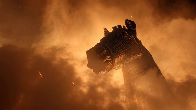 Impressive large wooden Trojan horse sculpture engulfed in flames with dramatic smoke and lighting effects  symbolizing ancient Greek legend and mythological warfare.