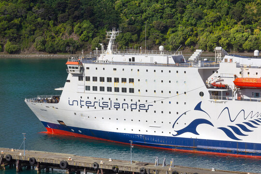 Interislander ferry Kaitaki in port at Picton, New Zealand, close-up, April 9, 2025. Largest ferry in Interislander fleet. Owned and operated by state-owned rail operator KiwiRail.