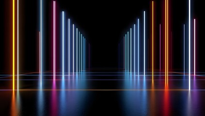 Modern dark interior featuring vertical neon light poles in blue orange and pink colors reflecting on dark surface creating symmetrical futuristic geometric pattern