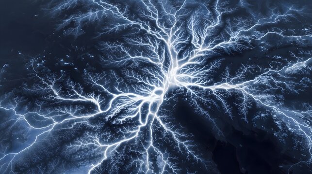 Electric lightning network from above with glowing energy veins spreading across dark landscape, powerful electricity pattern background for tech and AI visuals