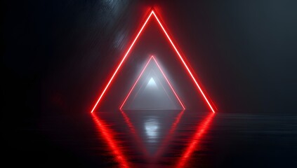 Sharp red neon triangle framing dark vanishing point with bright white light at center and intense red glow reflecting on wet dark ground, abstract futuristic concept