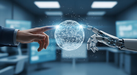 A businessman's hand scans a fingerprint on a digital tablet screen to connect with a global network and world communication concept on a blue laptop keyboard