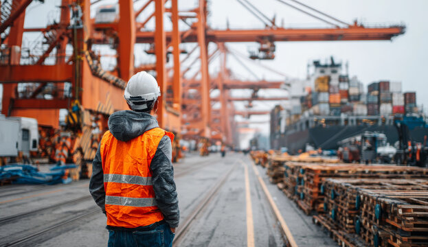 Construction worker in orange safety vest and white helmet standing in industrial port with shipping containers and cargo cranes