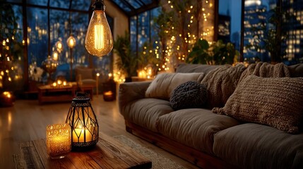 Obraz premium Cozy, softly lit room with warm lights, sofa, and city views
