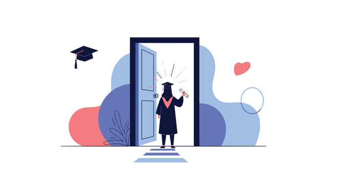 Female graduate in a cap and gown holding a diploma and stepping through a doorway, symbolizing future opportunities and success.