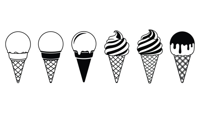 Set of six black and white ice cream cone icons showing various dessert styles