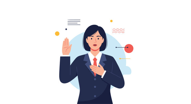 Businesswoman in a formal suit making a solemn promise or taking an oath with one hand raised and the other on her heart.