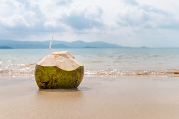 Fresh coconut with straw on wet sandy shoreline with calm sea, soft waves and distant mountains creating tropical summer vacation mood 