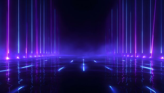 Futuristic neon tunnel with glowing blue and purple vertical lights reflecting on wet floor, abstract digital background for technology and entertainment concepts - Powered by Adobe