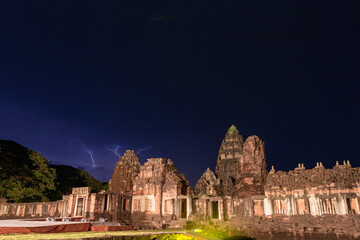 The ancient stone architecture of Phimai Castle in Nakhon Ratchasima, Thailand, is an important religious site and historical monument of the city.