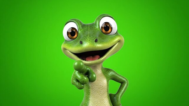 Fun 3D Gecko Cartoon Mascot Waving Pointing Chroma Key Animation