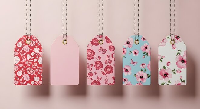 Five hanging tags with floral patterns and solid color
