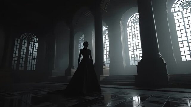 Silhouetted woman in grand gothic hall with towering arched windows.
