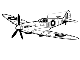 World War II British Spitfire fighter plane line art illustration, vintage military aircraft vector