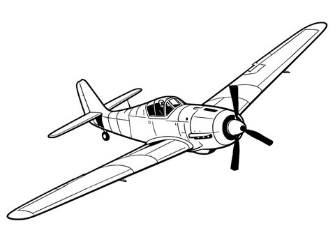 World War II German fighter plane Focke-Wulf Fw 190 line art illustration, vintage military aircraft vector