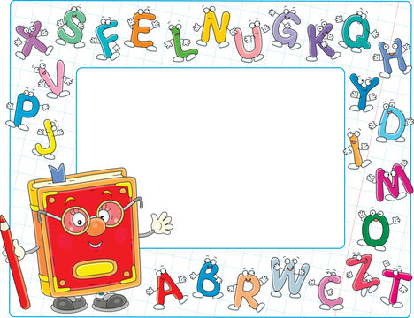 Frame with a cartoony school textbook and funny colorful letters from ABC book with alphabet for elementary school, vector illustration on a white background