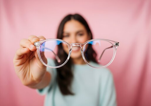 Woman holding eyeglasses toward camera with soft pink background representing vision clarity eye care optical correction modern eyewear style and improved eyesight focus