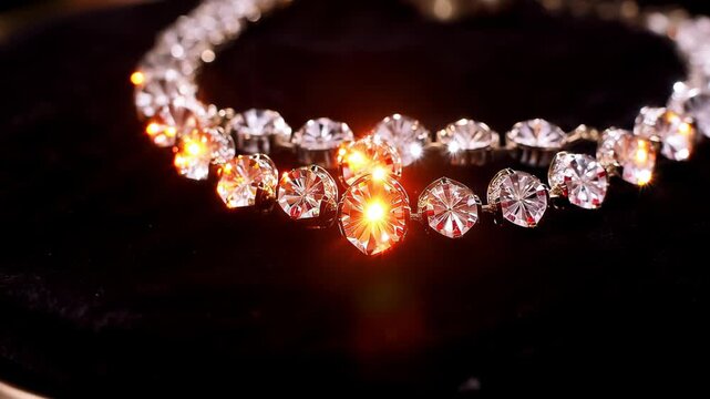 Close-up of a diamond necklace reflecting candlelight, sparkling brilliance, dark velvet background, luxury jewelry showcase