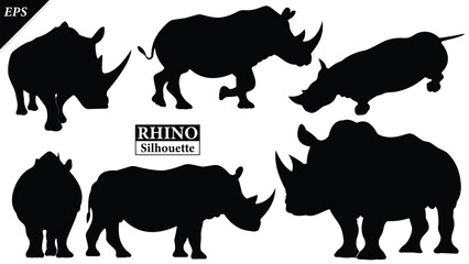 set of Black silhouette of rhinoceros isolated on white background, Beautiful rhinoceros logo icon vector design, standing, rhino silhouette vector illustration, vector. Black rhino Silhouette logo  © Usman Tahir Isolated