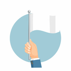 Hand holding a small waving white blank flag for mockup.