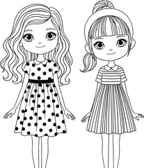 Fototapeta premium Cute cartoon vector illustration of two stylish girls in dresses, perfect for coloring book pages, fashion themes, kids design, and educational materials.