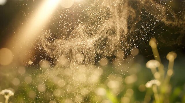 Golden pollen particles floating in a sunbeam over a field of blurred plants, capturing the essence of spring allergies or natural light.