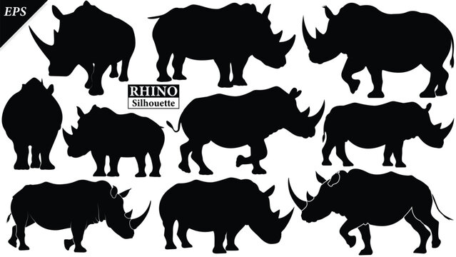 set of Black silhouette of rhinoceros isolated on white background, Beautiful rhinoceros logo icon vector design, standing, rhino silhouette vector illustration, vector. Black rhino Silhouette logo 