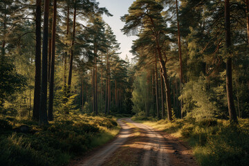 Fototapeta premium Winding dirt road through a forest landscape with soft morning light, natural curves, and a peaceful outdoor atmosphere 