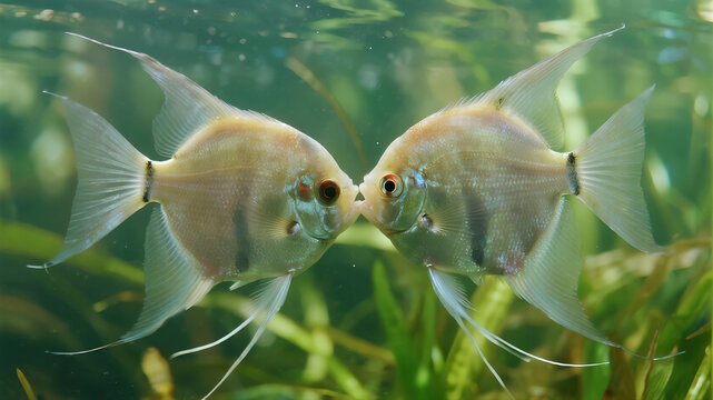 Two kissing gourami fish underwater, nature romance concept