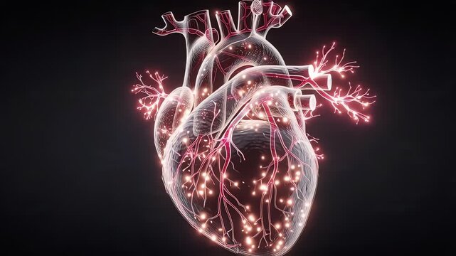 Digital illustration of human heart with glowing electrical conduction network.
