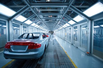 Obraz premium Production line at an automobile plant showcasing cars in the painting shop with advanced technology and efficient workflow