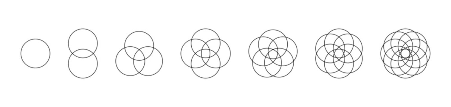 Intersecting circles set. Circle Venn diagram with four, five and six parts. Infographic chart line icon. 2,3,4 overlap balance elements diagram. Vector illustration isolated on white background.