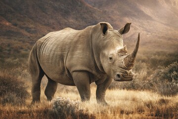 Fototapeta premium Majestic rhino stands boldly in the dry savannah landscape under warm golden light during late afternoon hours