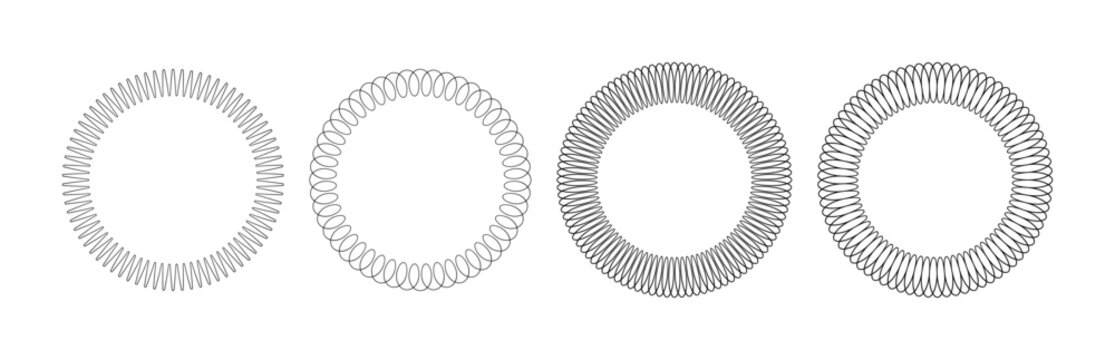 Spiral spring circle set. Metal wire coil spring icon collection. Thin zigzag waves symbol. Flexible coil shapes. Loop line pattern. Vector illustration isolated on white background. 