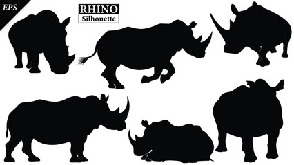 set of Black silhouette of rhinoceros isolated on white background, Beautiful rhinoceros logo icon vector design, standing, rhino silhouette vector illustration, vector. Black rhino Silhouette logo  © Usman Tahir Isolated
